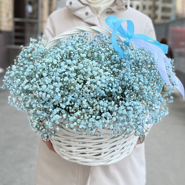 15 голубых гипсофил в корзине